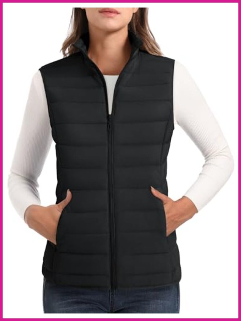 Quilted Puffer Vest Lightweight Zip Stand Collar 4 Pockets Sleeveless